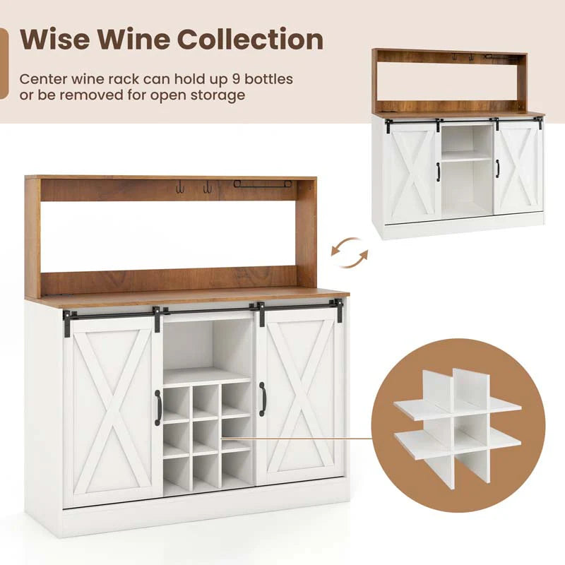 Farmhouse Coffee Bar Cabinet with Charging Station, 2 Sliding Barn Doors, 9-Bottle Wine Rack & Glass Holder, Kitchen Buffet Sideboard with Hutch