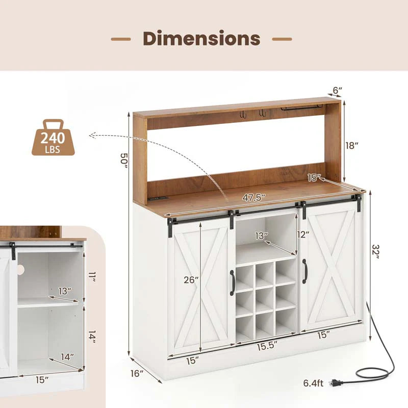 Farmhouse Coffee Bar Cabinet with Charging Station, 2 Sliding Barn Doors, 9-Bottle Wine Rack & Glass Holder, Kitchen Buffet Sideboard with Hutch