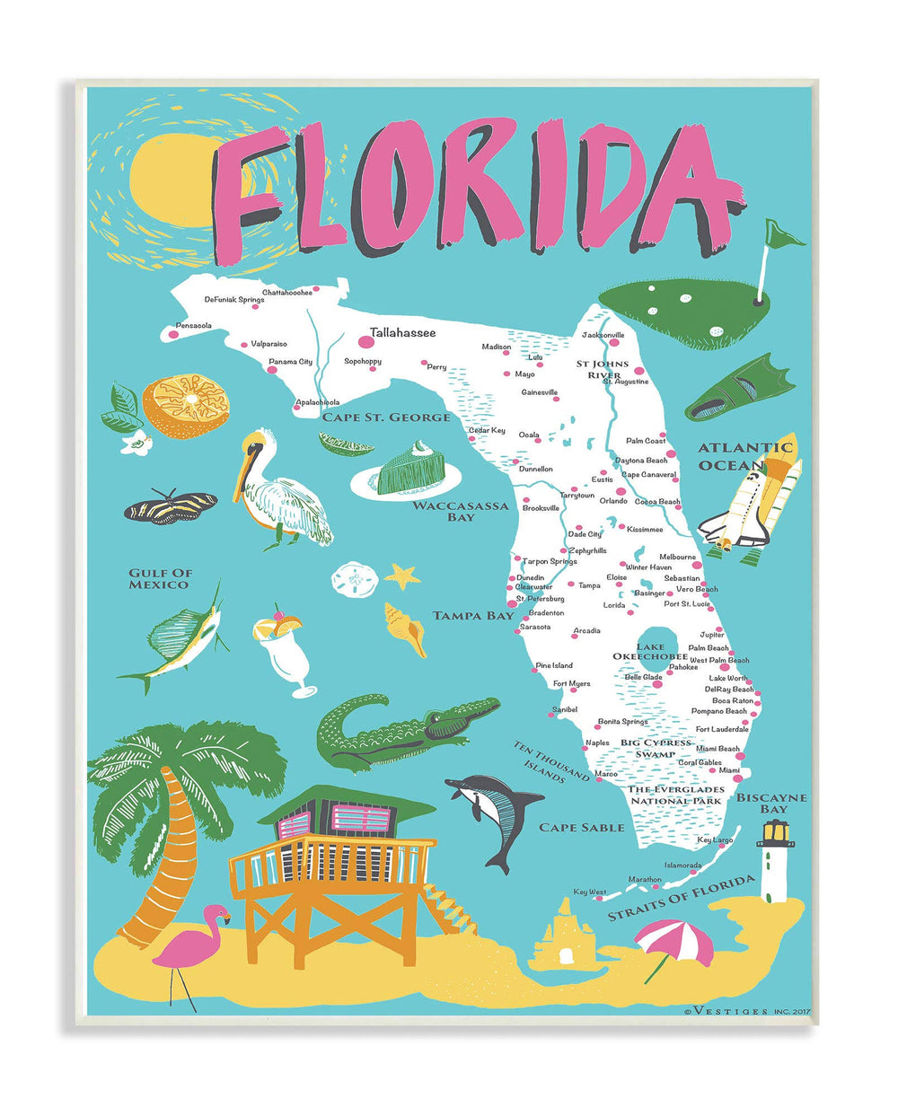 The Stupell Home Decor Collection Florida Teal Blue and Pink Illustrated scenic Map Poster Wall Plaque Art, Size: 10 x 15