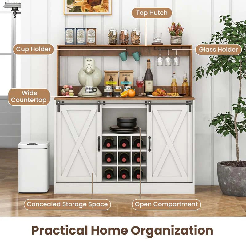 Farmhouse Coffee Bar Cabinet with Charging Station, 2 Sliding Barn Doors, 9-Bottle Wine Rack & Glass Holder, Kitchen Buffet Sideboard with Hutch