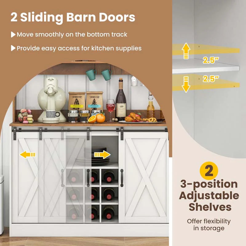 Farmhouse Coffee Bar Cabinet with Charging Station, 2 Sliding Barn Doors, 9-Bottle Wine Rack & Glass Holder, Kitchen Buffet Sideboard with Hutch
