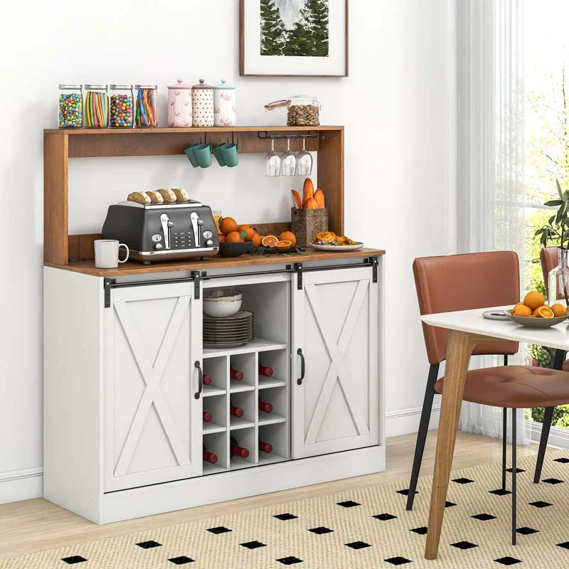 Farmhouse Coffee Bar Cabinet with Charging Station, 2 Sliding Barn Doors, 9-Bottle Wine Rack & Glass Holder, Kitchen Buffet Sideboard with Hutch