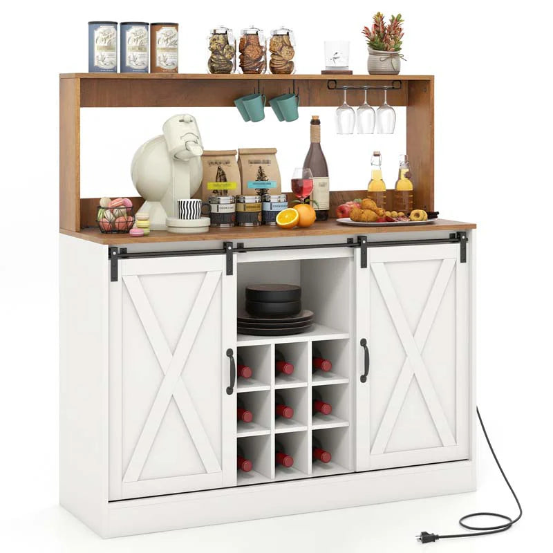 Farmhouse Coffee Bar Cabinet with Charging Station, 2 Sliding Barn Doors, 9-Bottle Wine Rack & Glass Holder, Kitchen Buffet Sideboard with Hutch