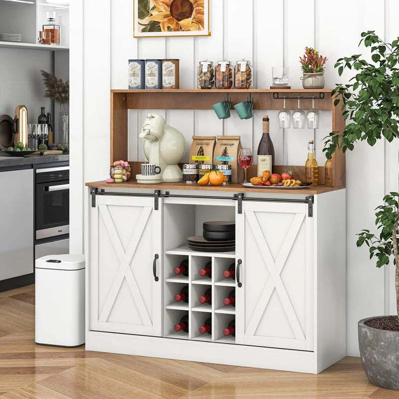 Farmhouse Coffee Bar Cabinet with Charging Station, 2 Sliding Barn Doors, 9-Bottle Wine Rack & Glass Holder, Kitchen Buffet Sideboard with Hutch