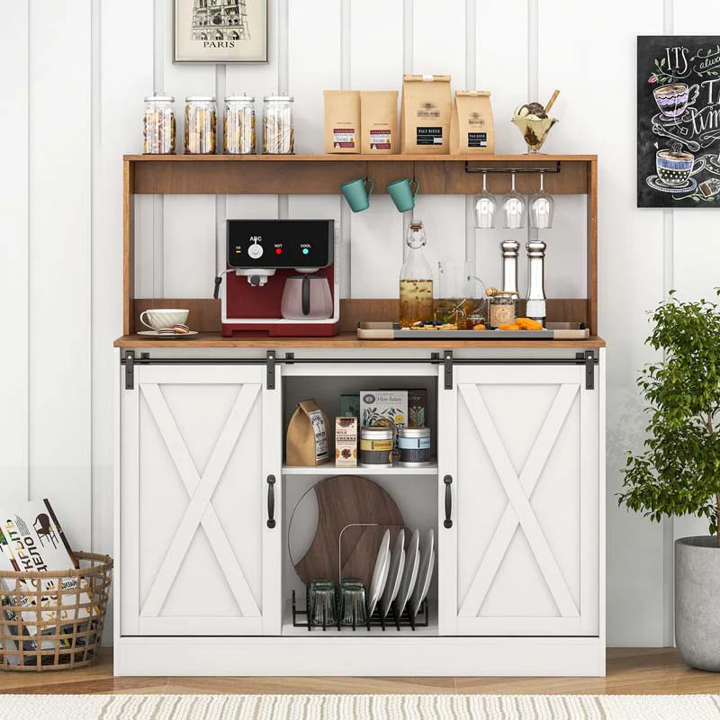Farmhouse Coffee Bar Cabinet with Charging Station, 2 Sliding Barn Doors, 9-Bottle Wine Rack & Glass Holder, Kitchen Buffet Sideboard with Hutch